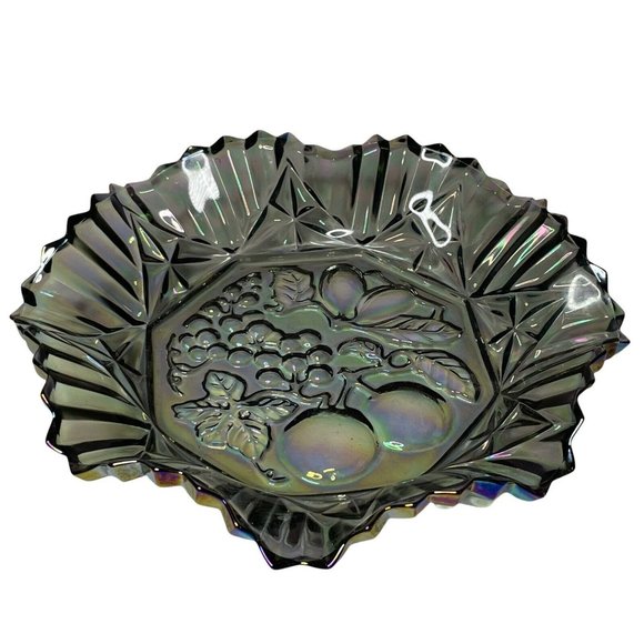 Vintage Smoky Ruffled Carnival Glass Candy Dish Bowl Grapes Cherries 10.25 in - Picture 2 of 5